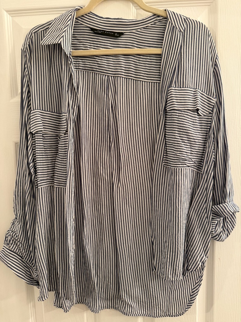 Zara Navy and White Vertical Stripe Button-Down Shirt